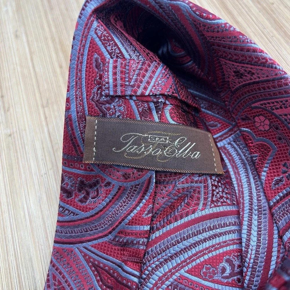 Tasso Elba Men's 100% Silk Tie ~ Red ~Blue Metallic Paisley Pattern Hand Made!